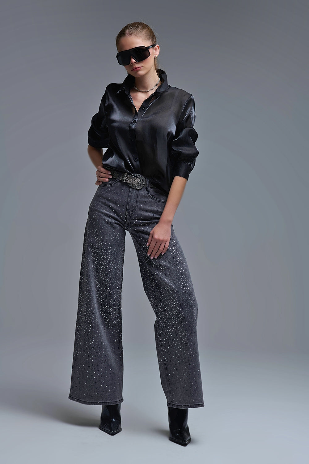 Black Rhinestone Wide-Leg Jeans - Denim