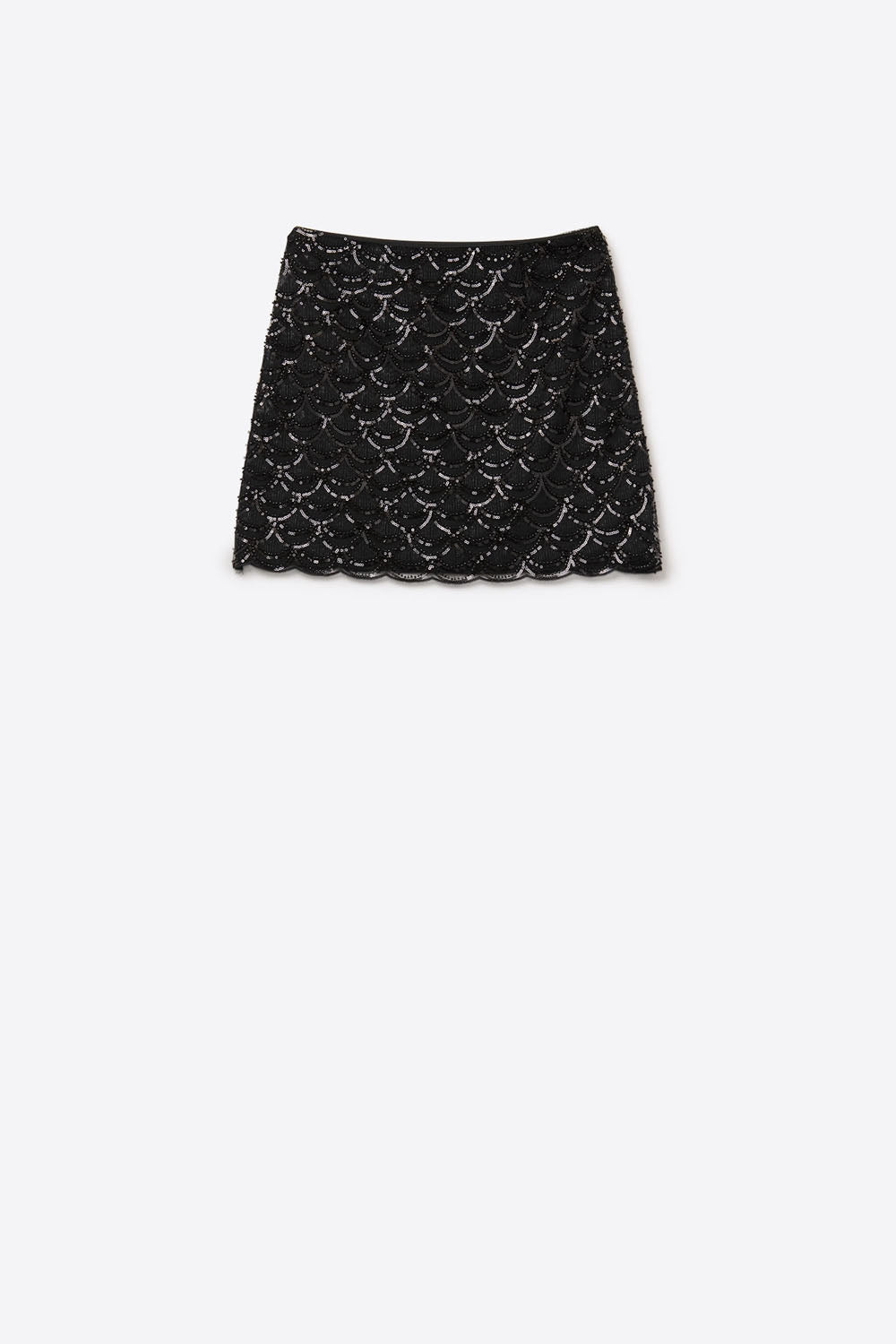 Scalloped Sequin Mini Skirt in Black