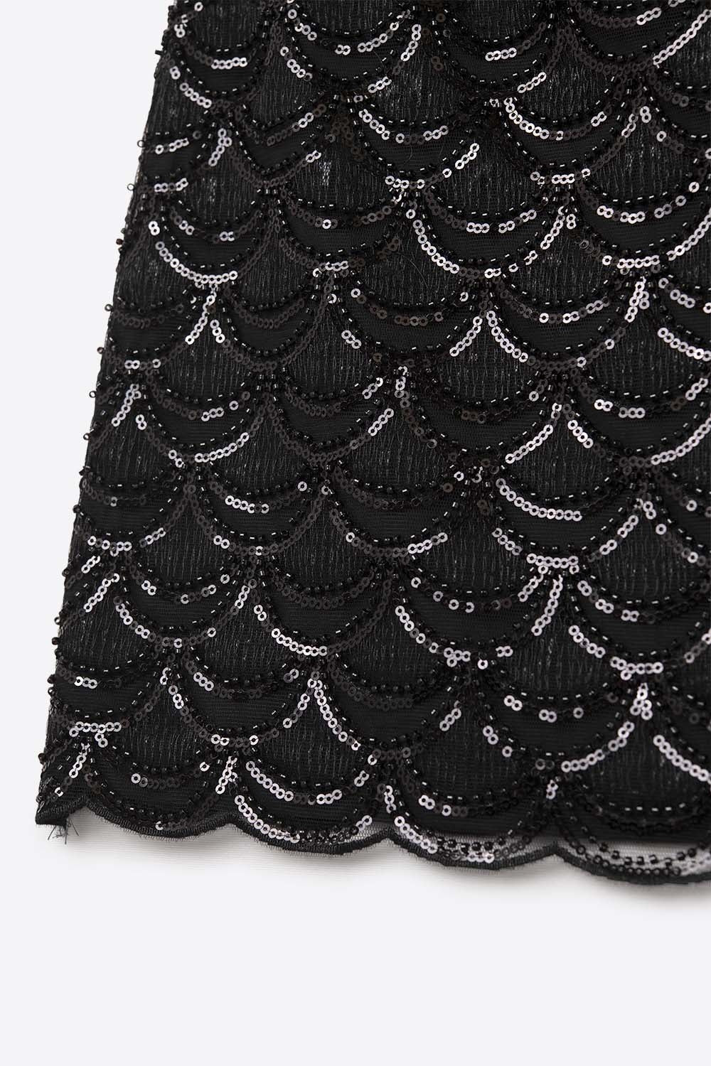 Scalloped Sequin Mini Skirt in Black