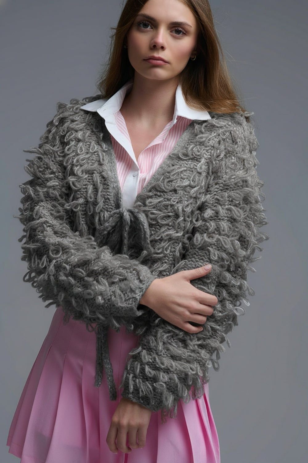 Grey Cropped chunky Knit cardigan with V-Neck and Front Tie closure
