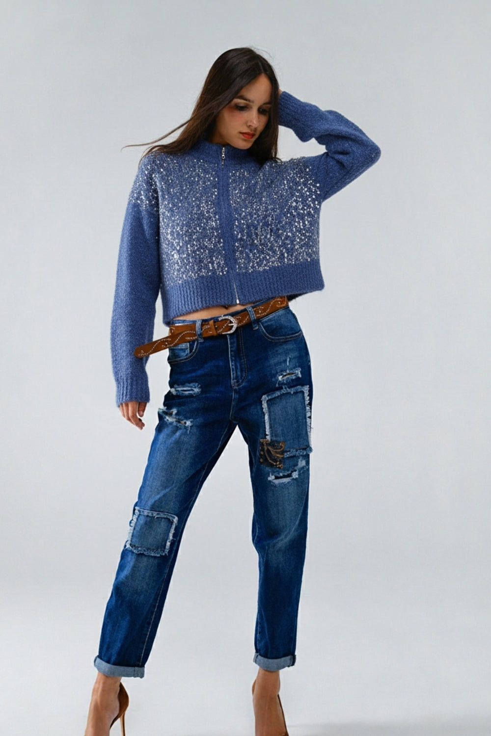 Blue fluffy knit cardigan with sequins and zipper closure
