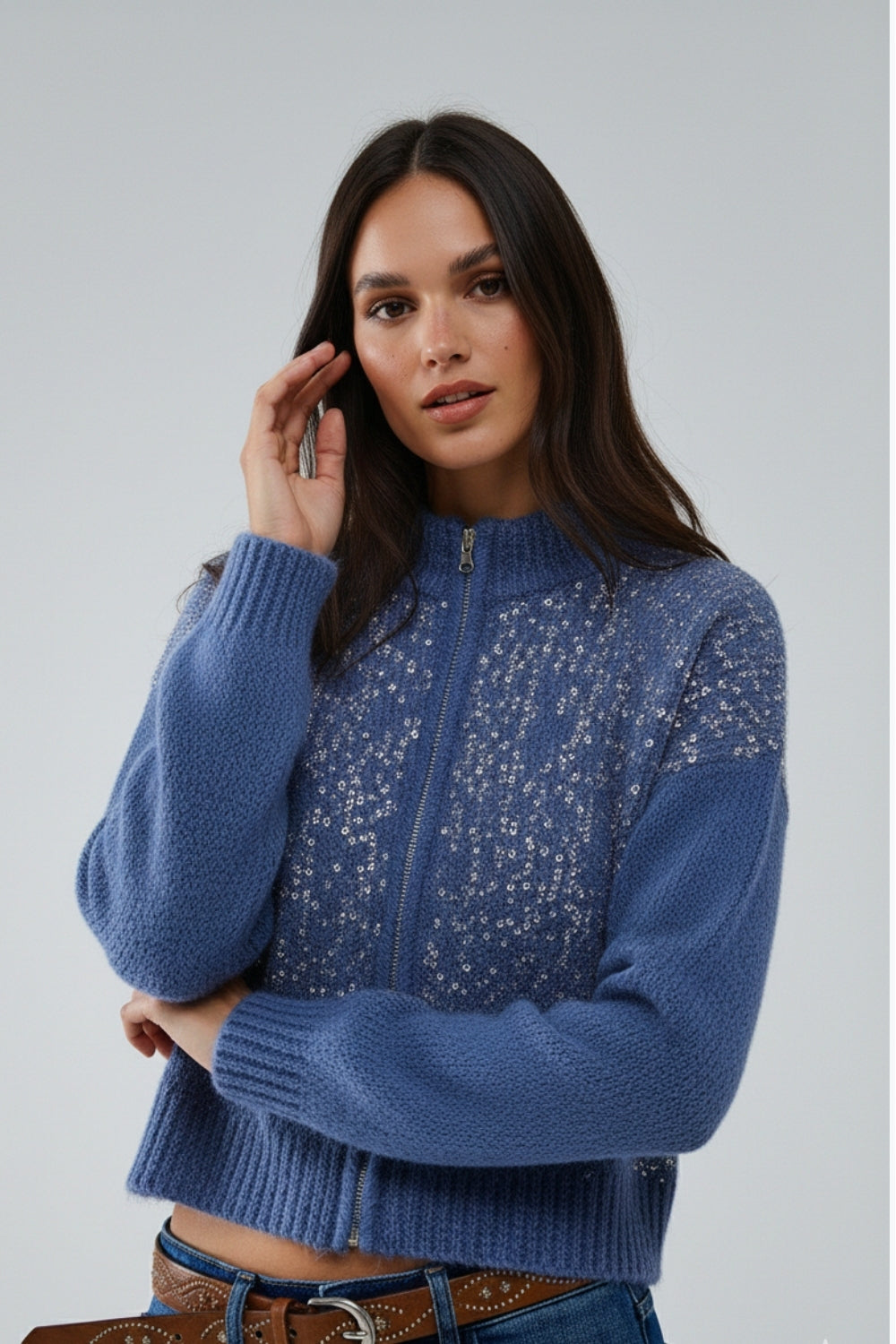 Blue fluffy knit cardigan with sequins and zipper closure