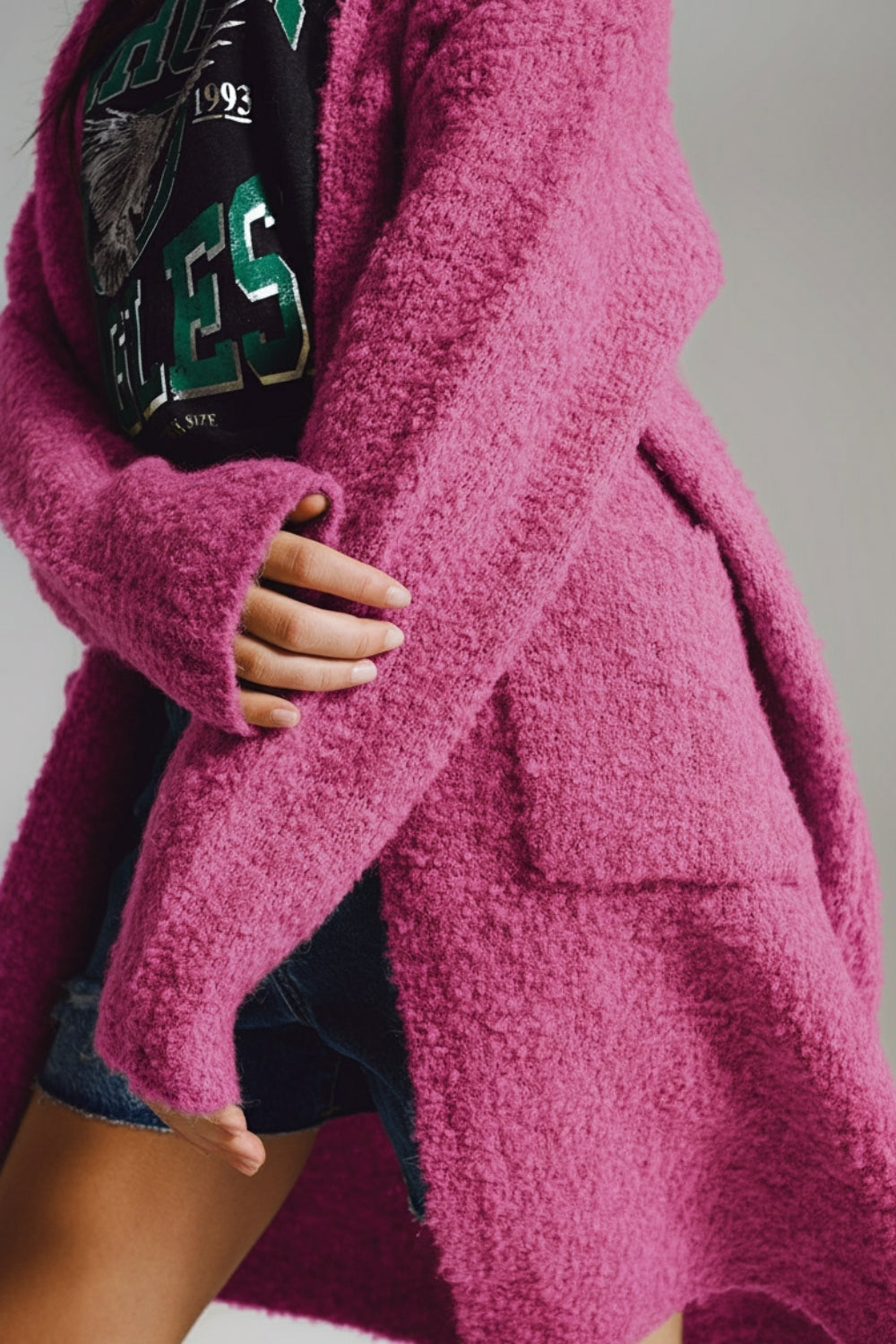 Oversized thick terry knit cardigan in fucsia