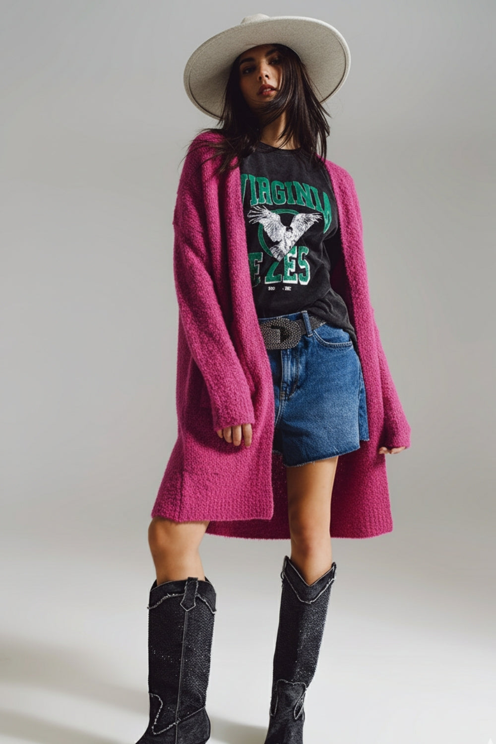 Oversized thick terry knit cardigan in fucsia