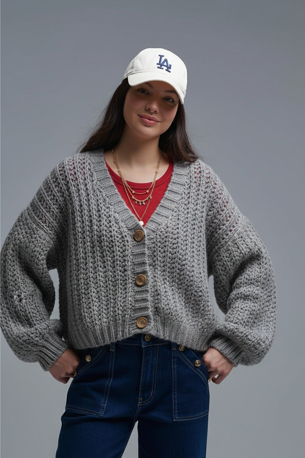 Open Knit Chunky Cardigan In grey with buttons