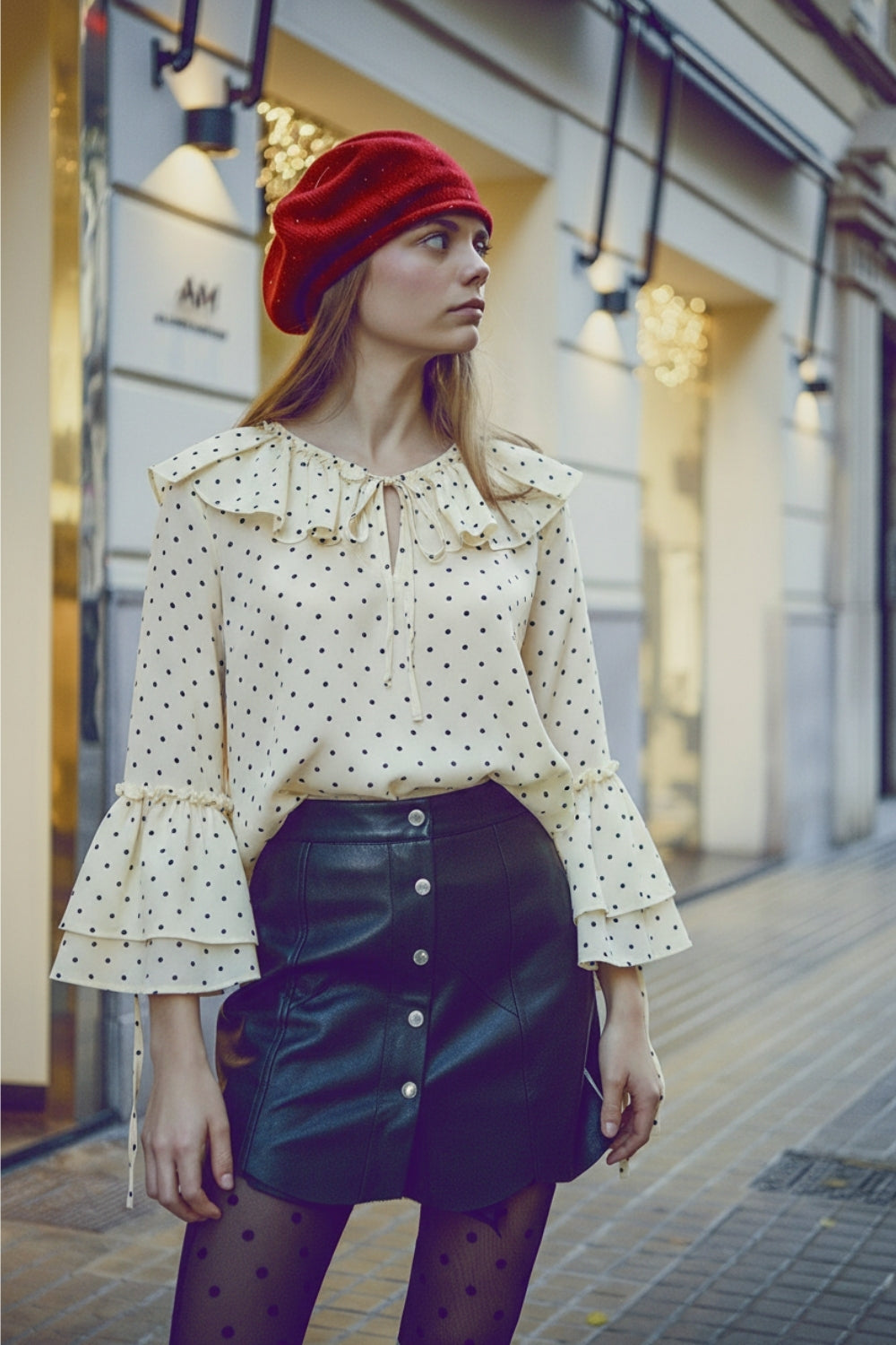 Ruffled Polka-Dot Blouse with Flared Sleeves