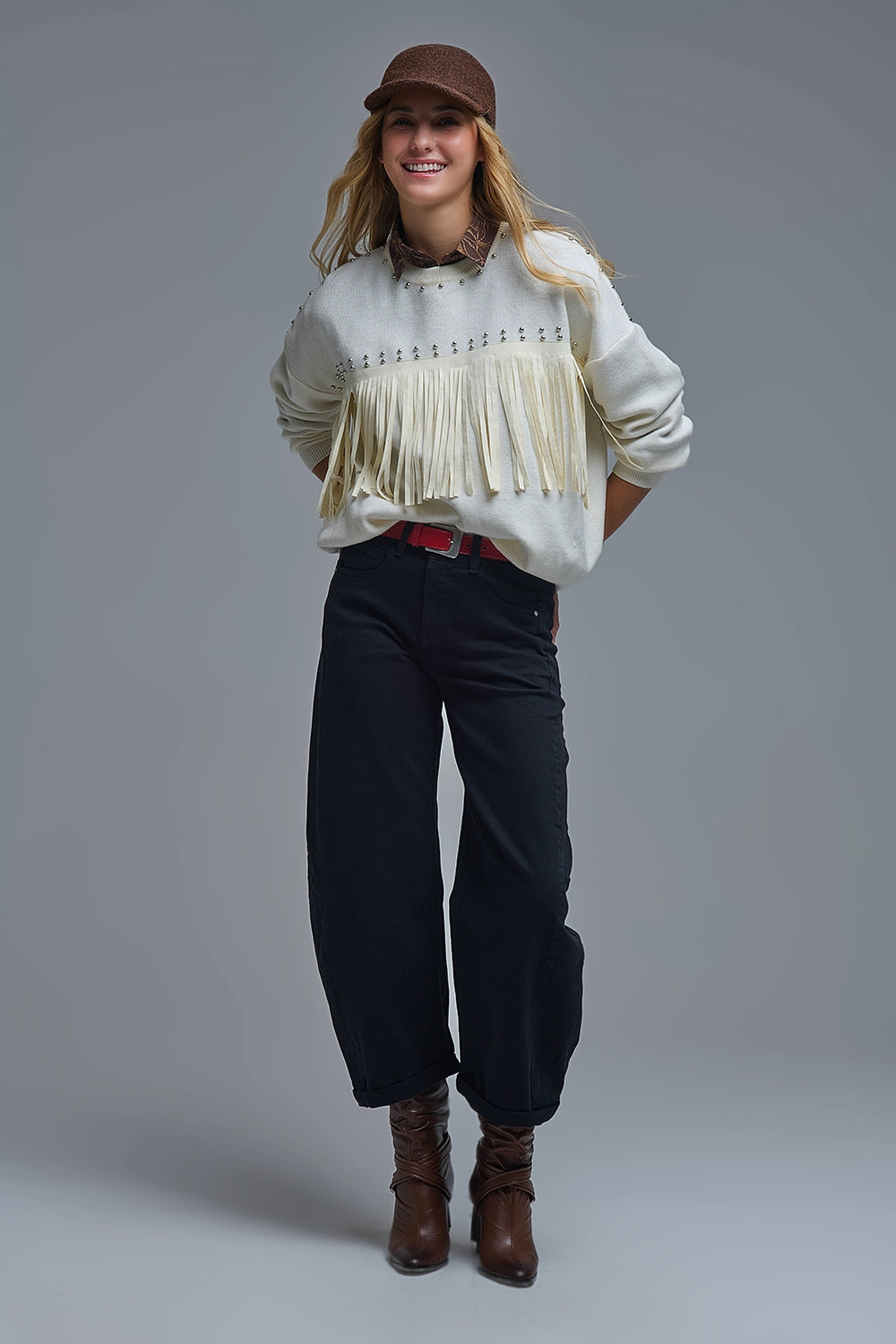 Stylish White Knitted Sweater with Fringe