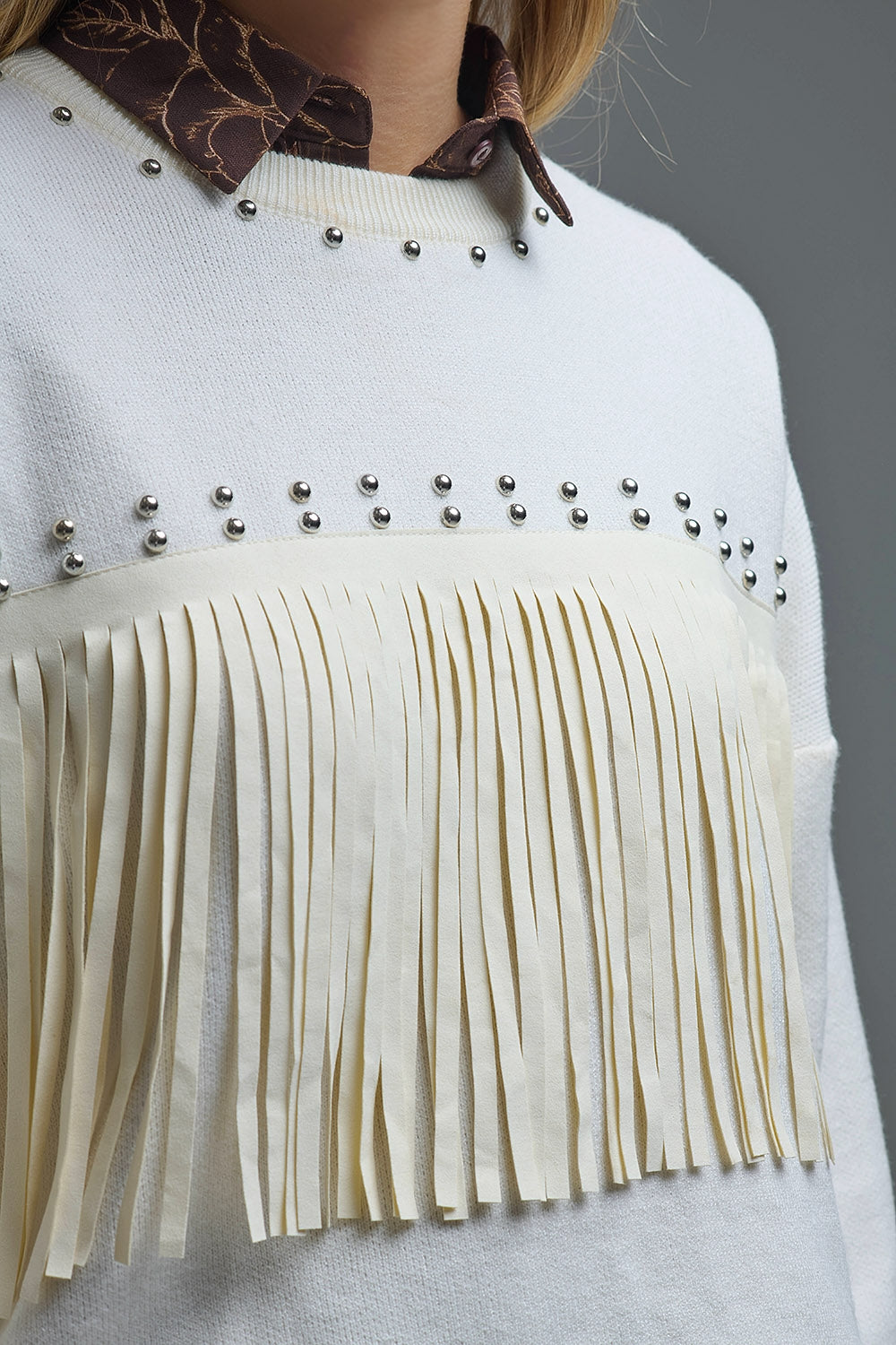 Stylish White Knitted Sweater with Fringe