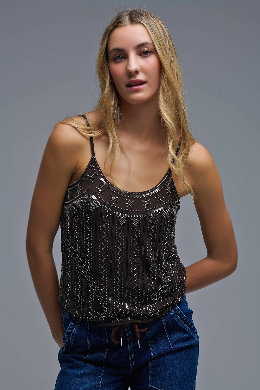 vintage Embroidered Sequin Cami Top in brown