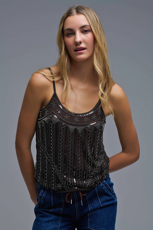 vintage Embroidered Sequin Cami Top in brown