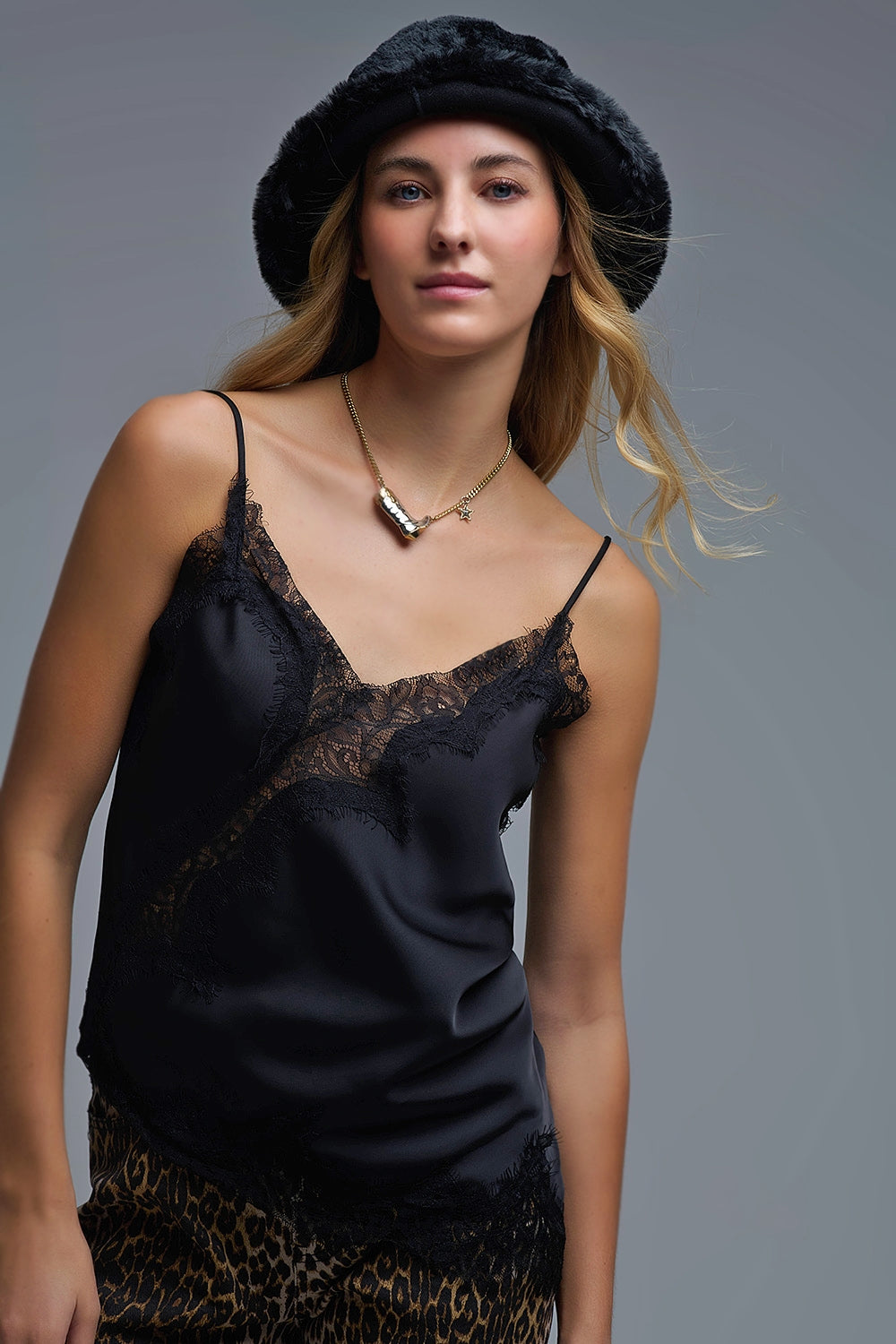 asymmetrical Satin Top in black with Laced Design - top