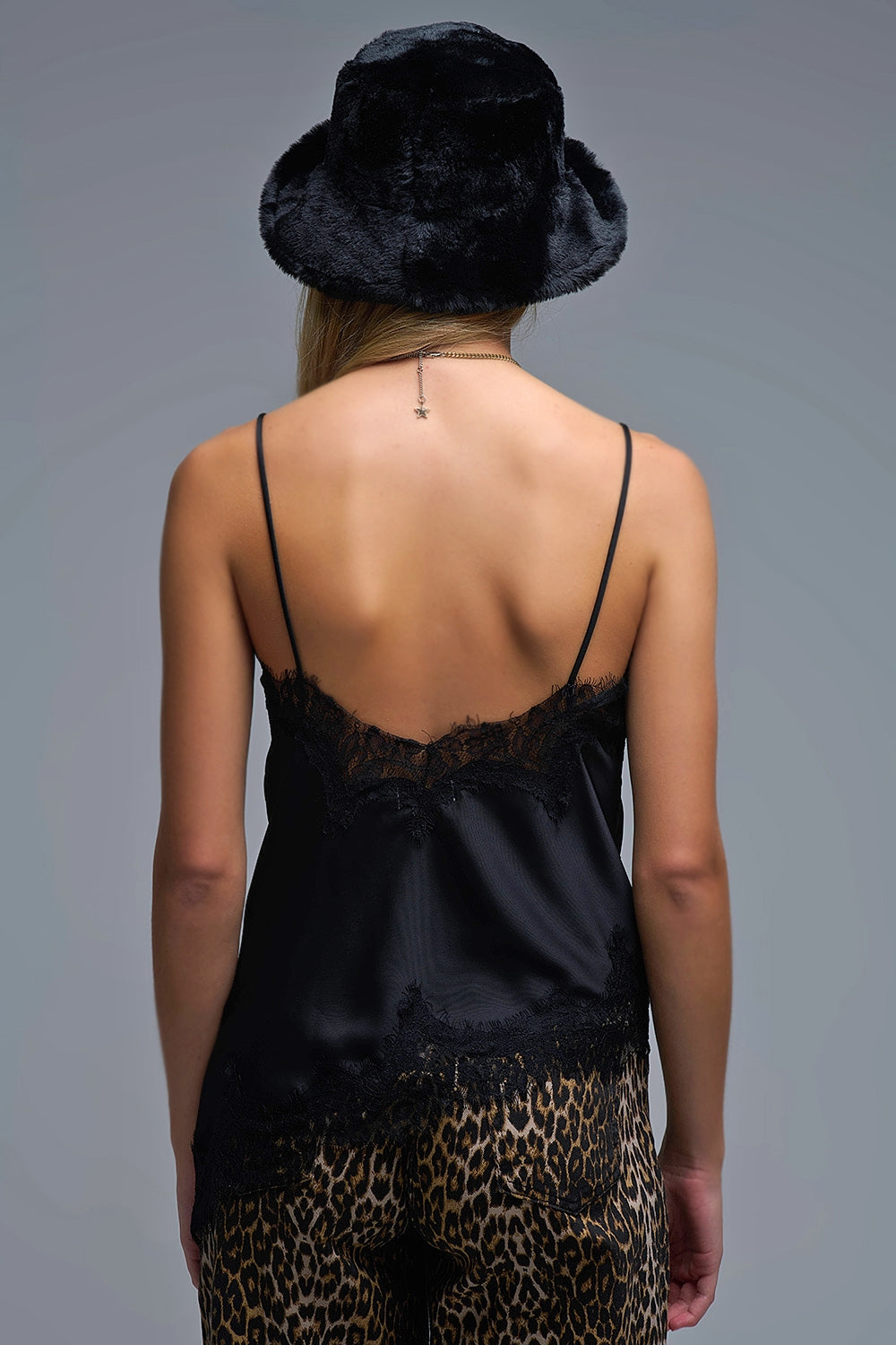 asymmetrical Satin Top in black with Laced Design - top
