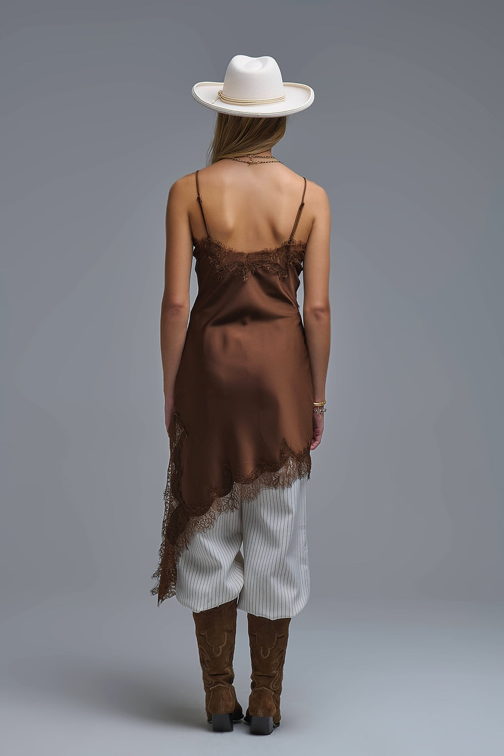 Asymetrical Satin Lace Dress in brown - dress