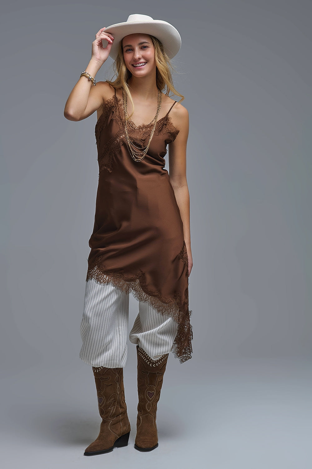 Asymetrical Satin Lace Dress in brown - dress