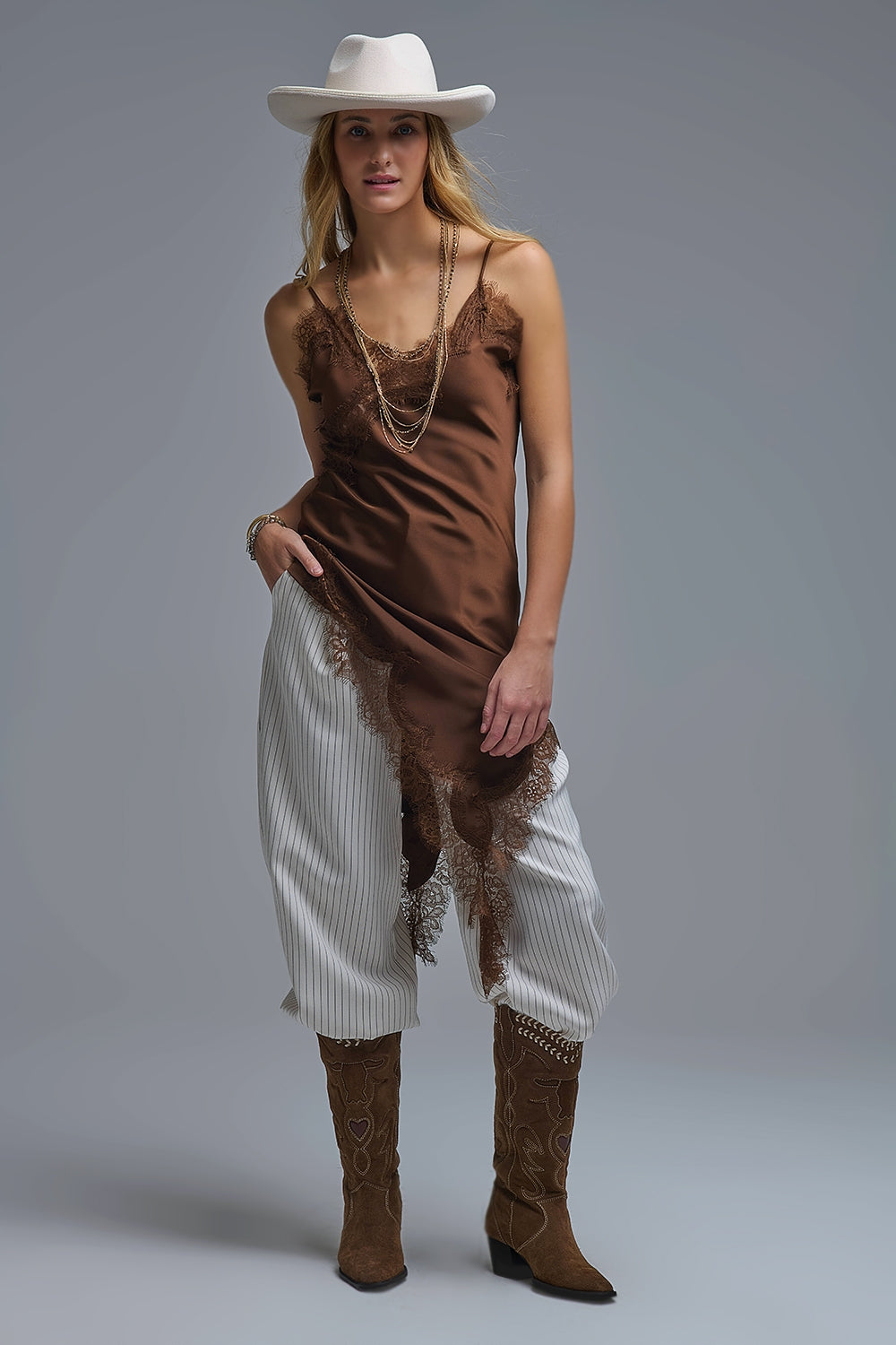 Asymetrical Satin Lace Dress in brown - dress