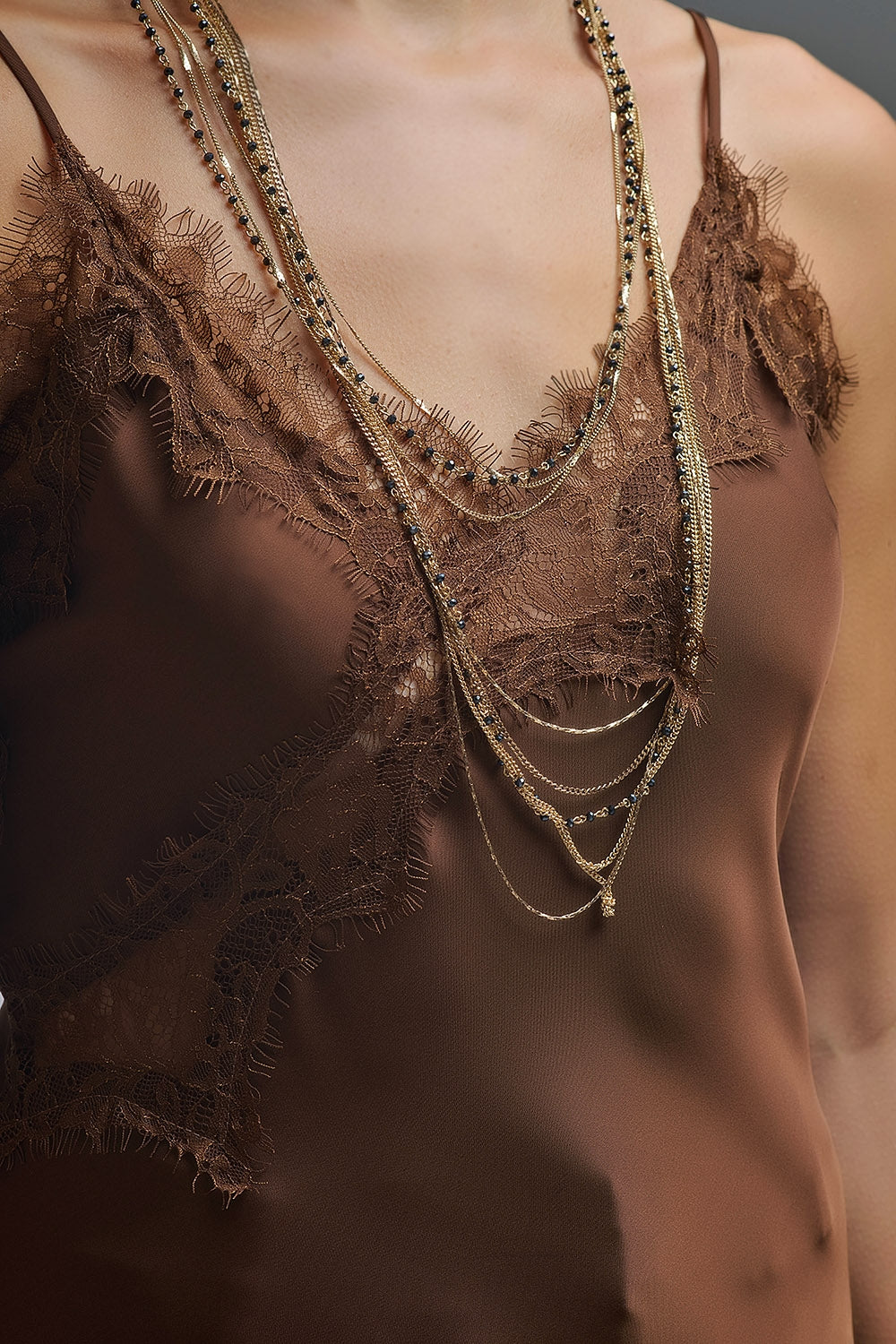 Asymetrical Satin Lace Dress in brown - dress