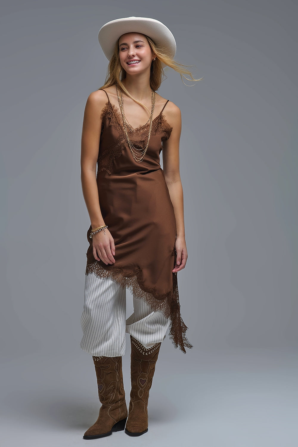 Asymetrical Satin Lace Dress in brown - dress