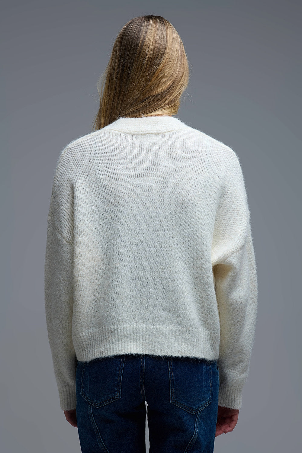 V-neck Basic Cream Buttoned Cardigan