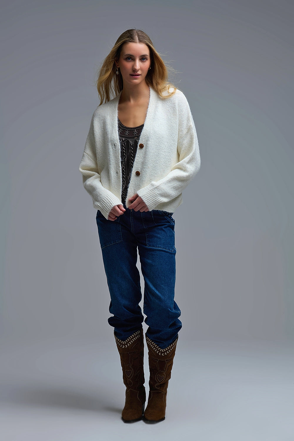V-neck Basic Cream Buttoned Cardigan