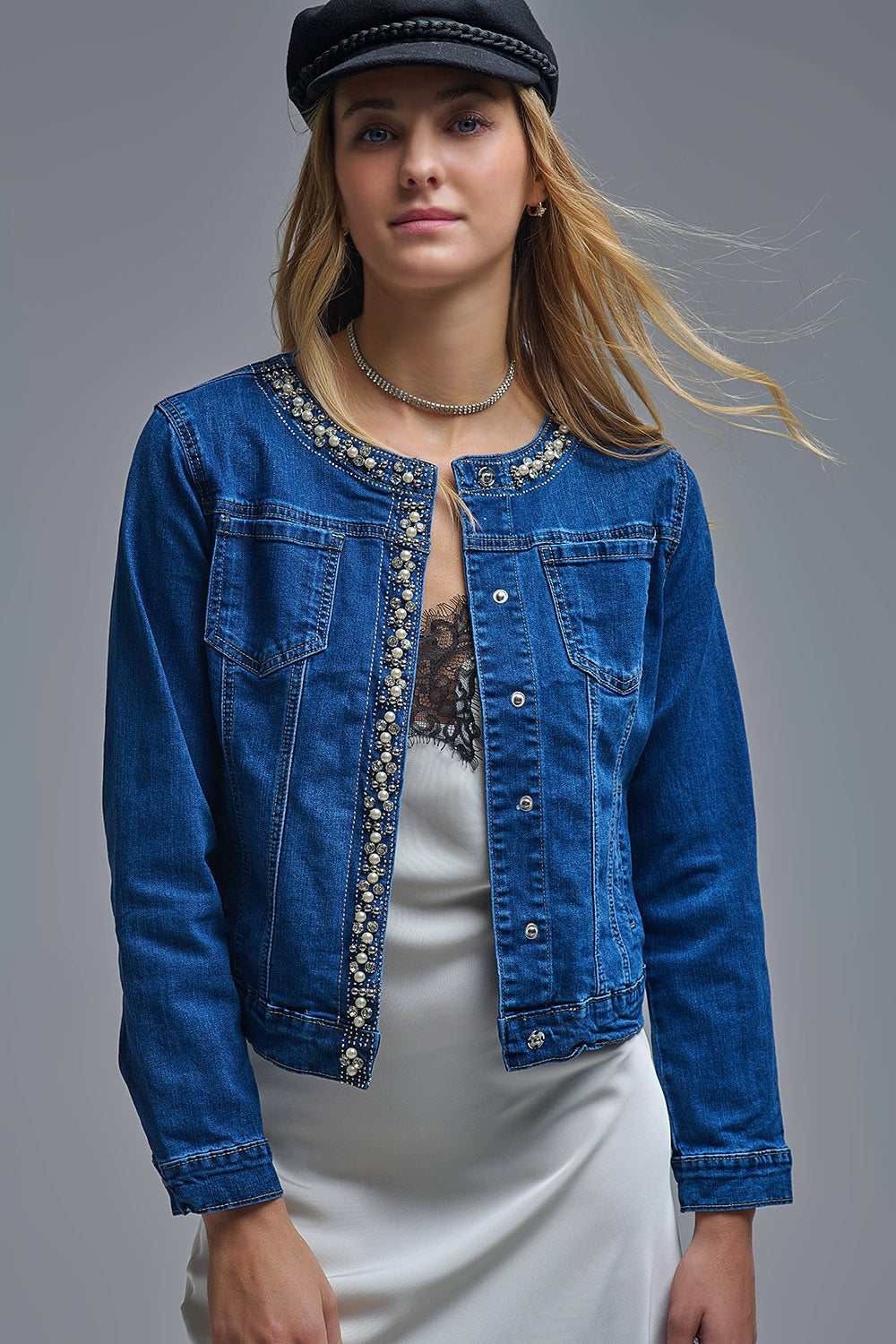 Stretch Denim Embellished Denim Jacket in Blue