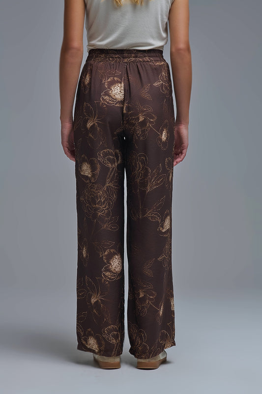 Brown Light-weight Flowy Pants in Autumnal Floral Print - trousers