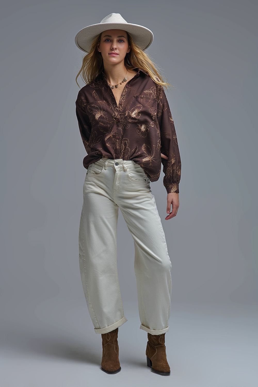 Brown Light-weight Flowy shirt in Autumnal Floral Print - Shirts