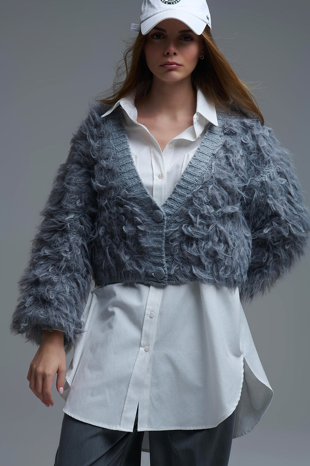 Chunky Shag Style Fluffy Knitted Cardigan in Grey