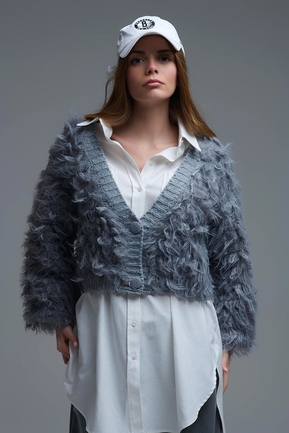 Chunky Shag Style Fluffy Knitted Cardigan in Grey