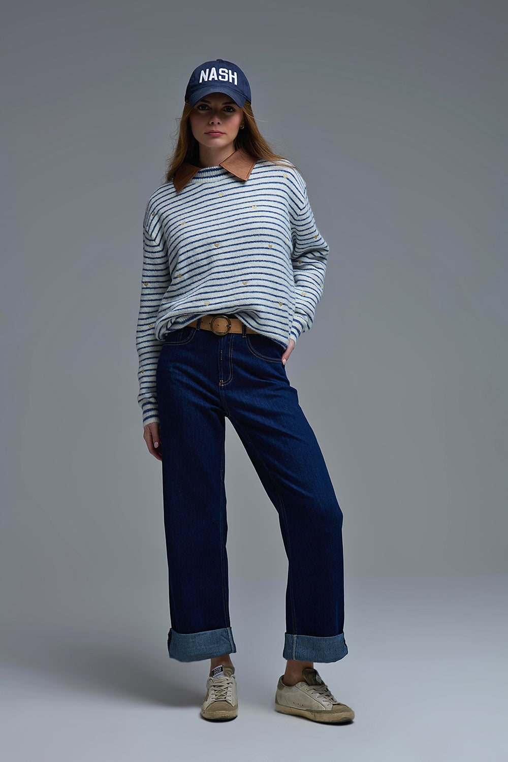 High-Waisted Dark Blue wide leg Jeans with Folded Hems - Denim