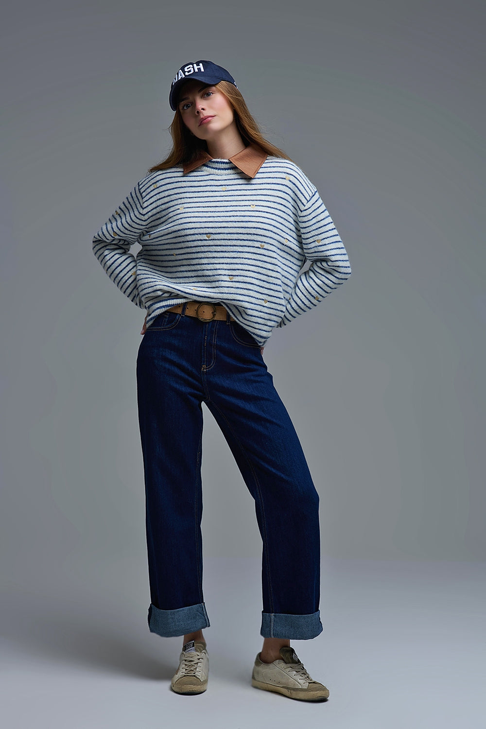 High-Waisted Dark Blue wide leg Jeans with Folded Hems - Denim