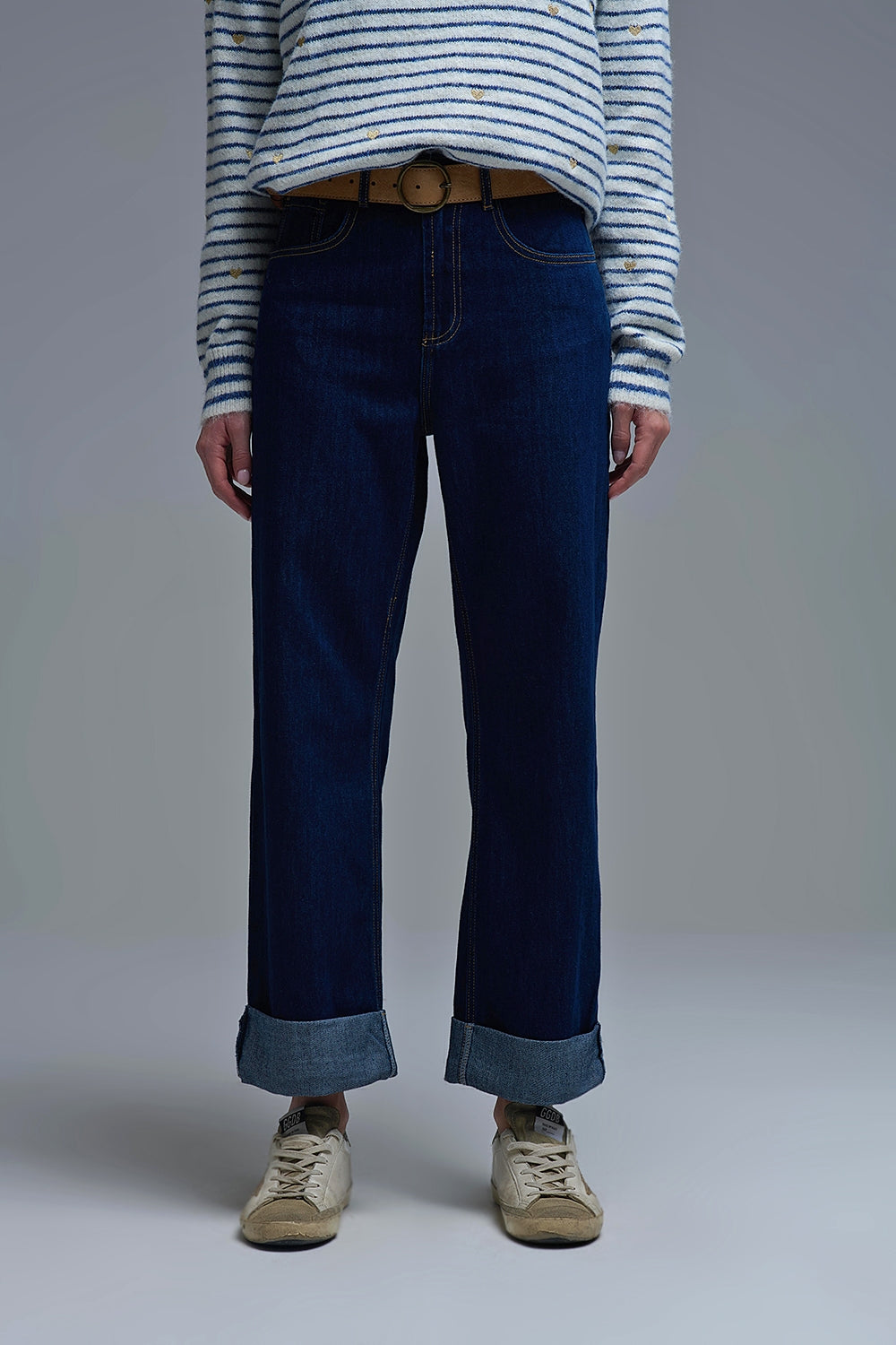 High-Waisted Dark Blue wide leg Jeans with Folded Hems - Denim