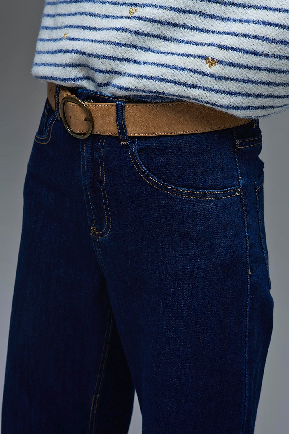 High-Waisted Dark Blue wide leg Jeans with Folded Hems - Denim
