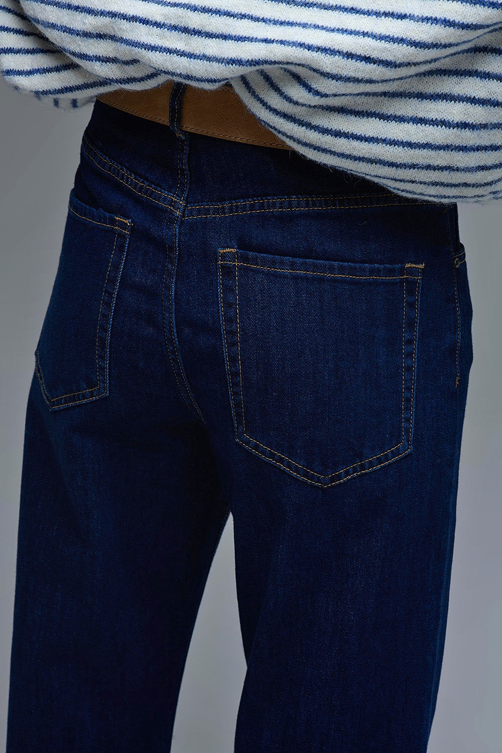 High-Waisted Dark Blue wide leg Jeans with Folded Hems - Denim