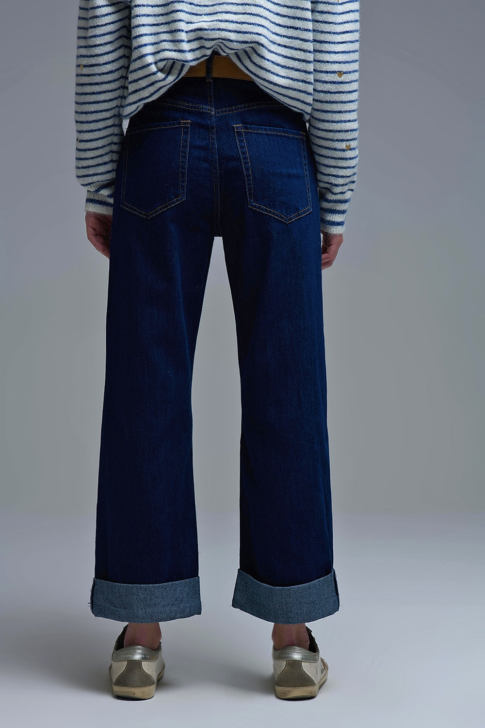 High-Waisted Dark Blue wide leg Jeans with Folded Hems - Denim
