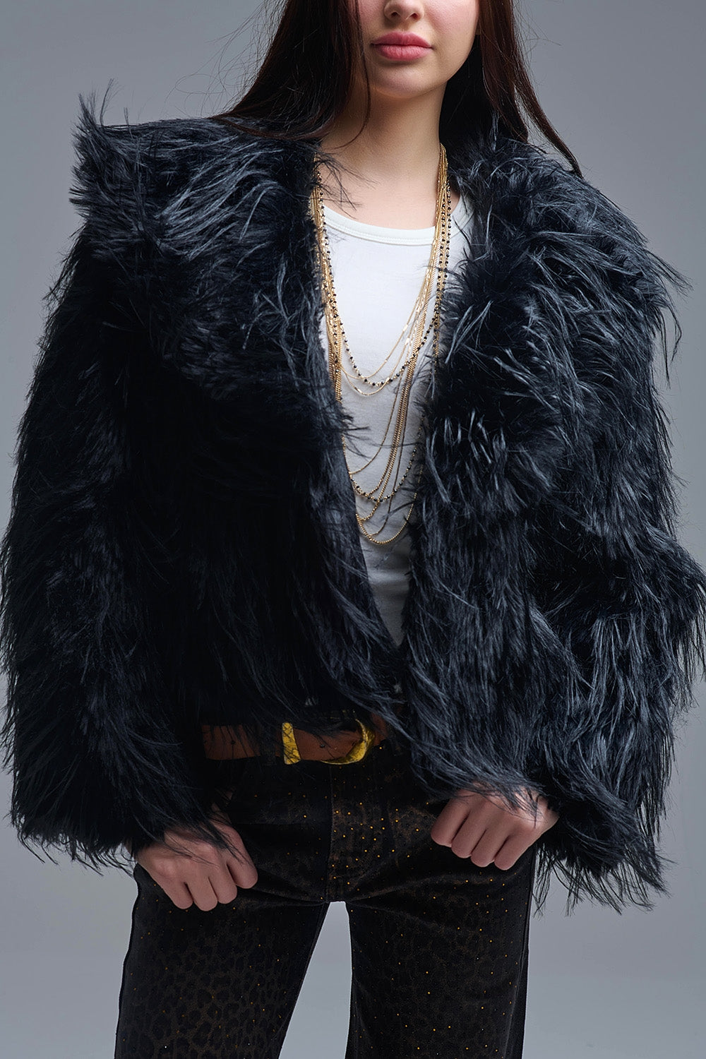 Black Statement Faux Fur Jacket with Big Collar - blazer