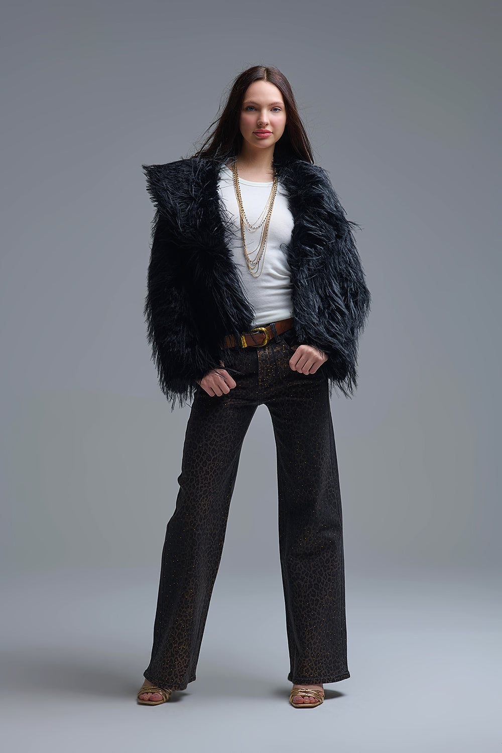 Black Statement Faux Fur Jacket with Big Collar - blazer
