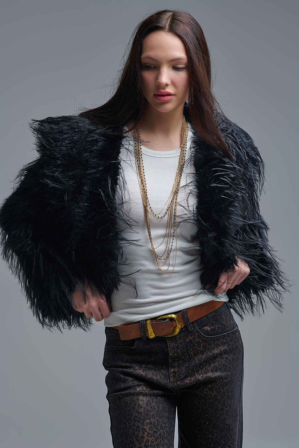 Black Statement Faux Fur Jacket with Big Collar - blazer