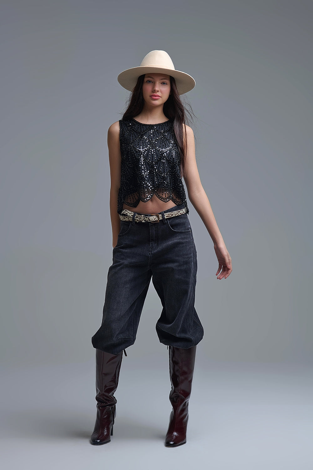 Chic Black Sequin Cropped Top