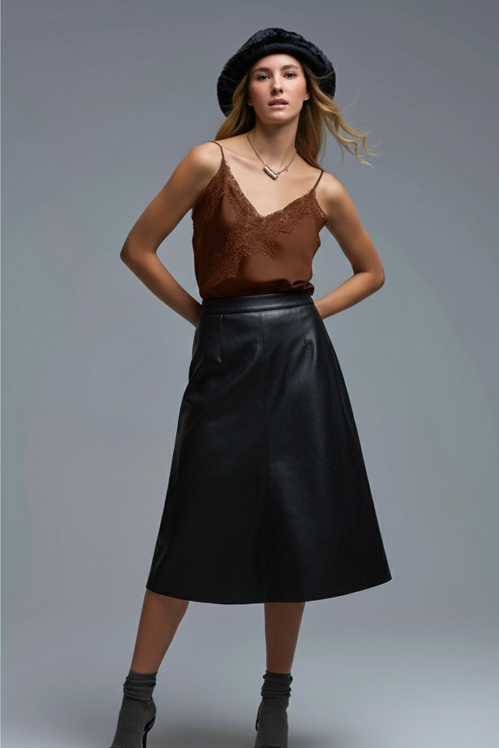 asymmetrical Satin Top in brown with Laced Design