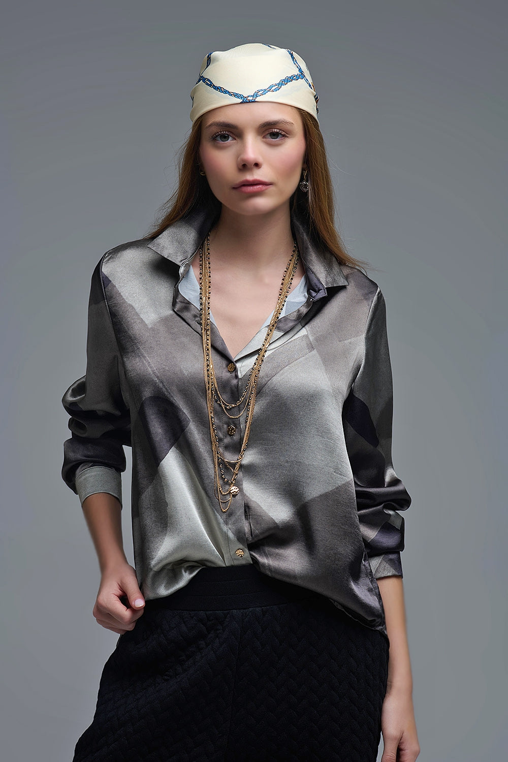 gray satin shirt with geometric print - Shirts