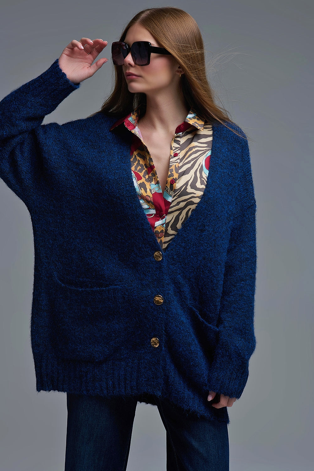 Oversized Cardigan in Navy with gold buttons and pockets - cardigan