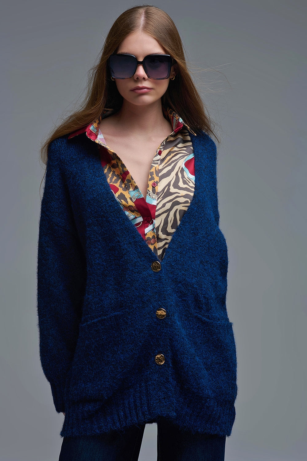 Oversized Cardigan in Navy with gold buttons and pockets - cardigan