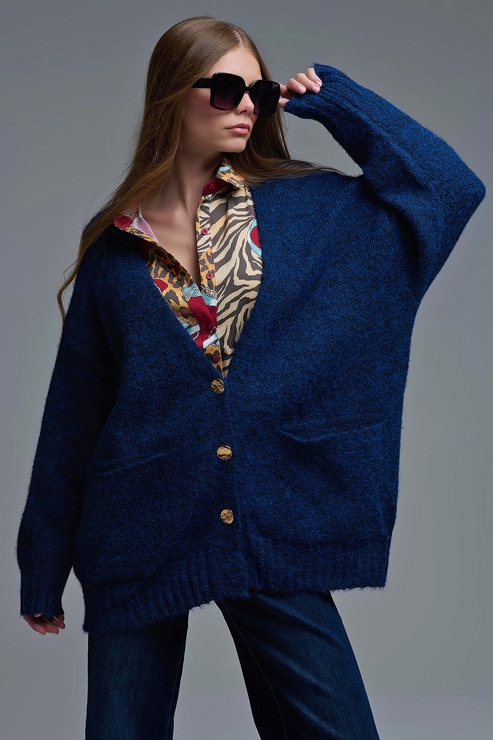 Oversized Cardigan in Navy with gold buttons and pockets - cardigan