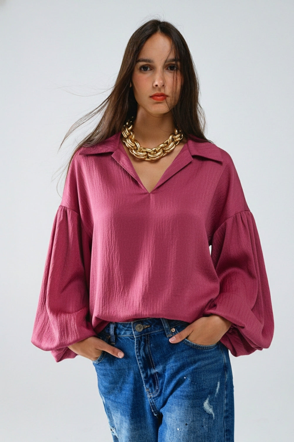 Elegant shiny Satin Cropped top in fucshia - top