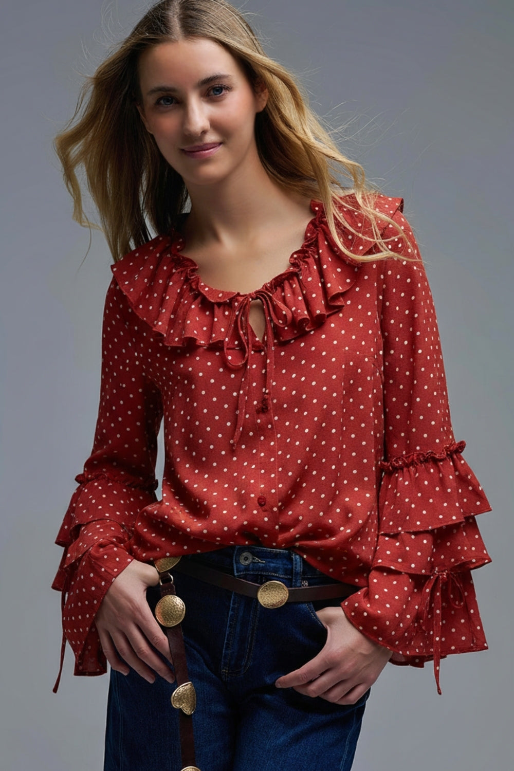 Red Ruffled Polka-Dot Blouse with Flared Sleeves - top