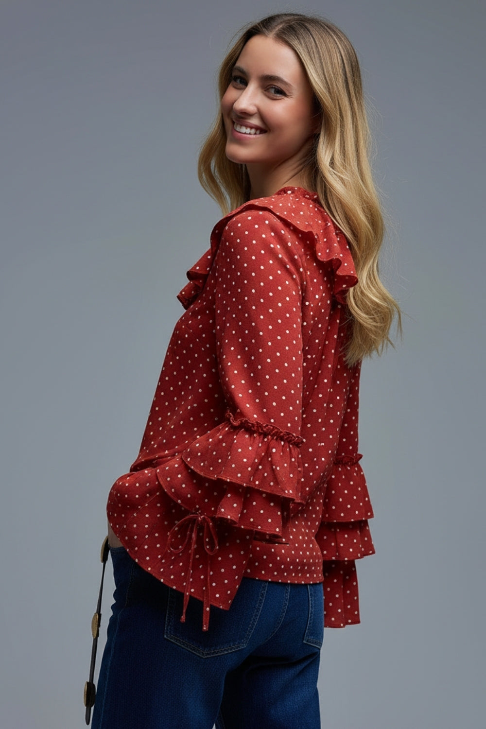 Red Ruffled Polka-Dot Blouse with Flared Sleeves - top