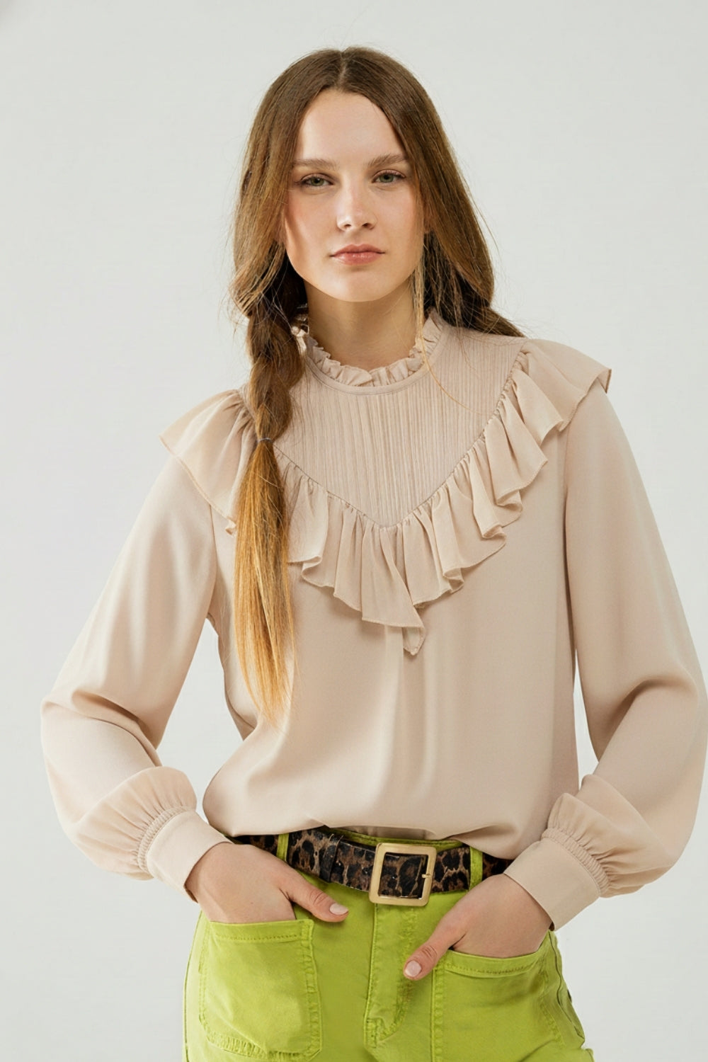 Romantic Beige Ruffled Long-Sleeve Blouse in chiffon fabric