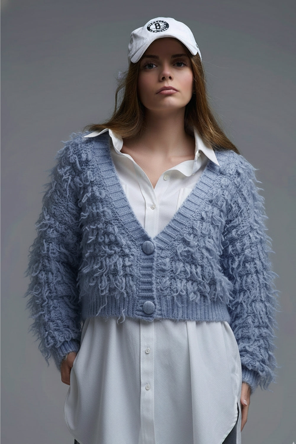 Soft knit cardigan in a chunky shag style in blue