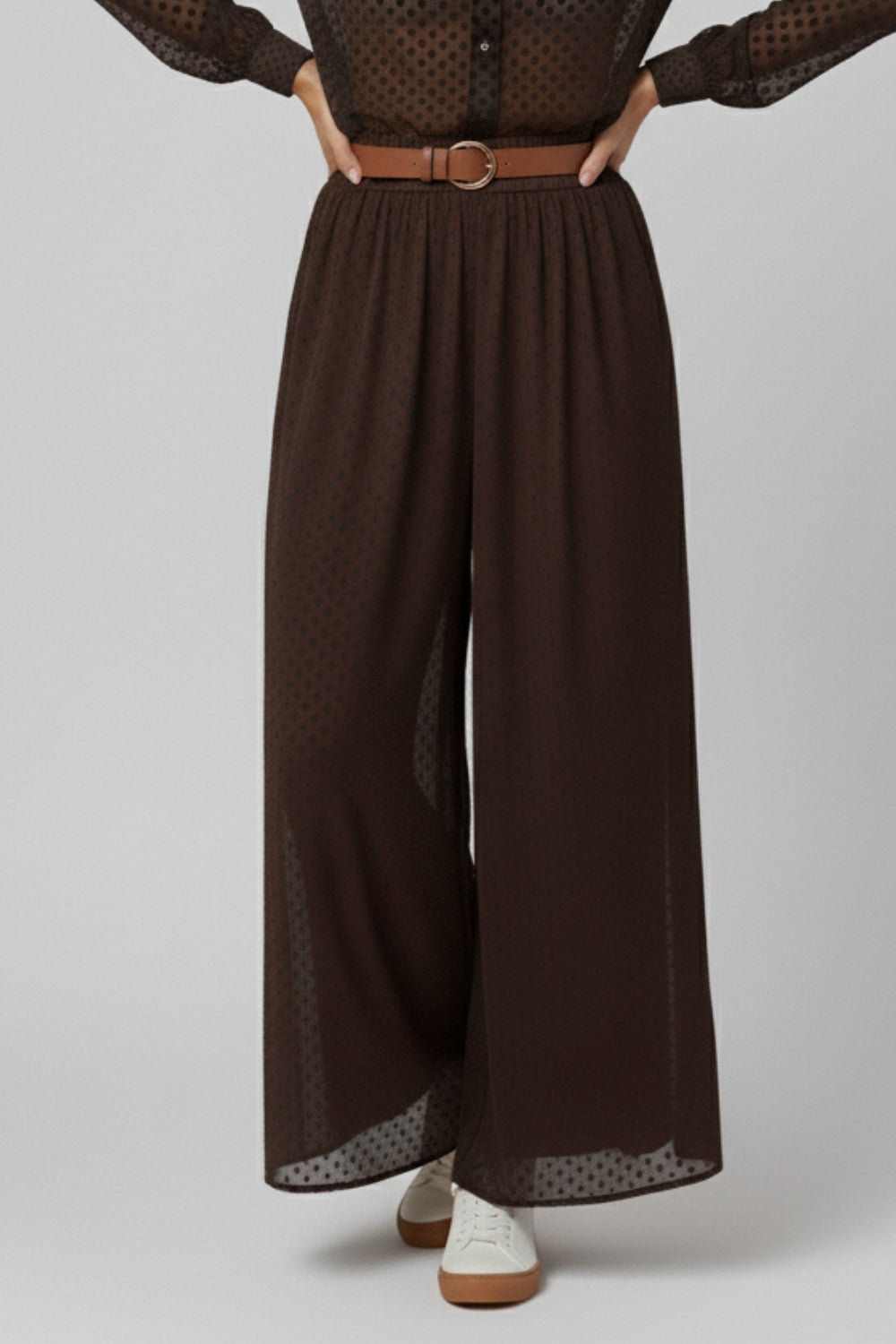 Chic Brown Sheer Polka Dot Pants with side pockets - trousers
