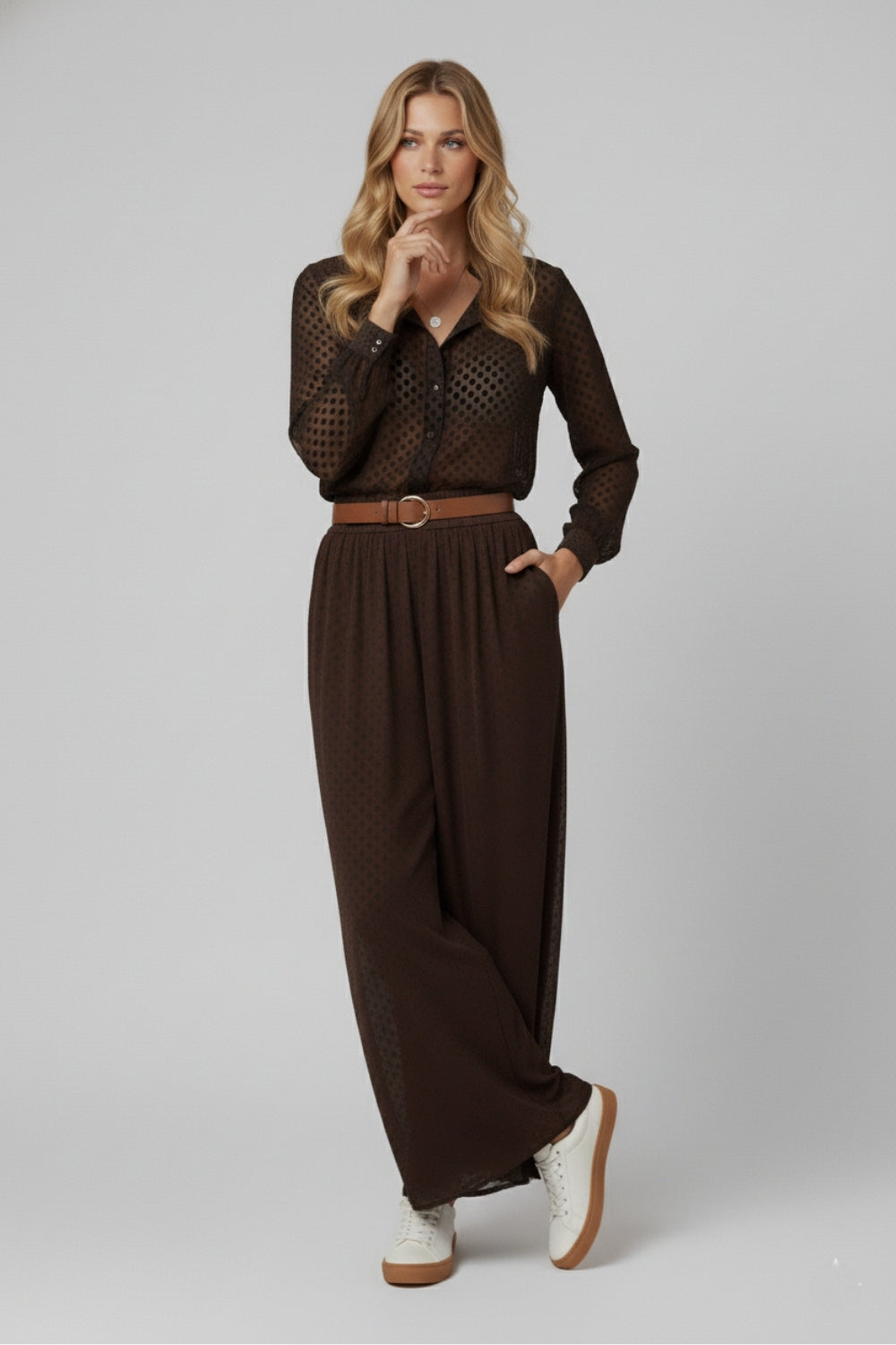 Chic Brown Sheer Polka Dot Pants with side pockets - trousers